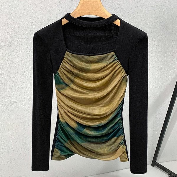 Camiseta Base De Malla Para Mujer Nueva Camiseta De Manga Larga Tie-Dye Con Cuello Cuadrado Retro Para Mujer Top EláStico En LíNea 3XL Negro-image