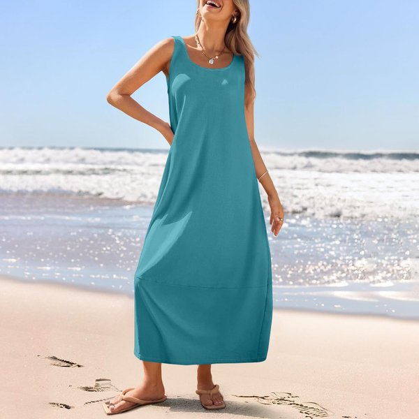 Vestido De Verano Largo Informal Para Mujer, Vestido Playero Holgado Sin Mangas Con Cuello Redondo XXL Blue-image