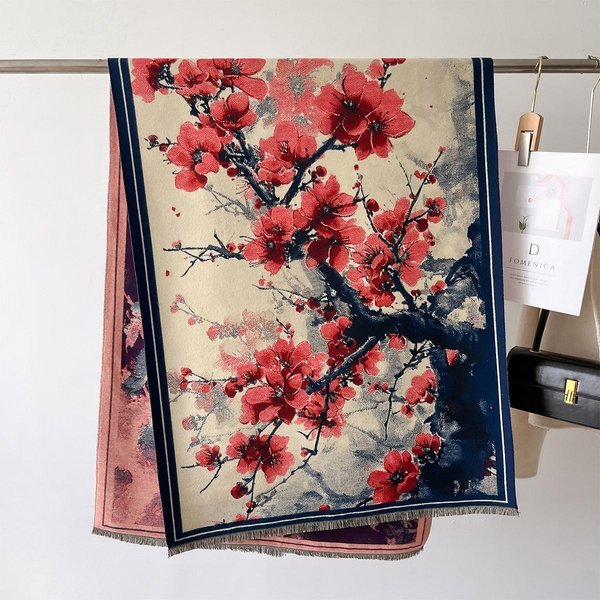Zimowy Gruby CiepłY Damski Szalik Luksusowy Design Dwustronny Kaszmirowy Szalik Vintage Nadruk Kwiatowy Szal Koc Mantilla Echarpe 66X186Cm Gray-image