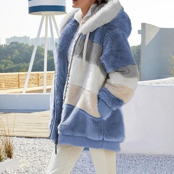 Europa Estados Unidos 2024 OtoñO Invierno CáLido Felpa Cremallera Bolsillo Capucha Chaqueta Suelta Mujer L Azul-image