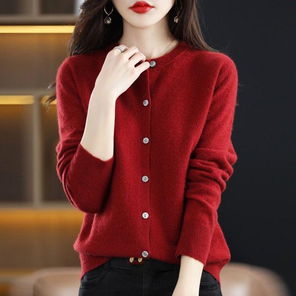 Damski Kardigan Kaszmirowy Z OkrąGłYm Dekoltem 100% WełNa Merino Sweter Zapinany Na Guziki Z DłUgim RęKawem Dzianina Na Wiosnę Jesień GłAdki Podstawowy Top Odzież M Red-image