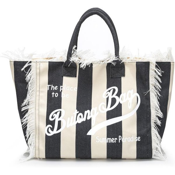 Bolso Tote Rayado Para Mujer Color Contraste Letra Gran Capacidad Bolso De Hombro Bolso De Axila Para Viajeros Negro-image