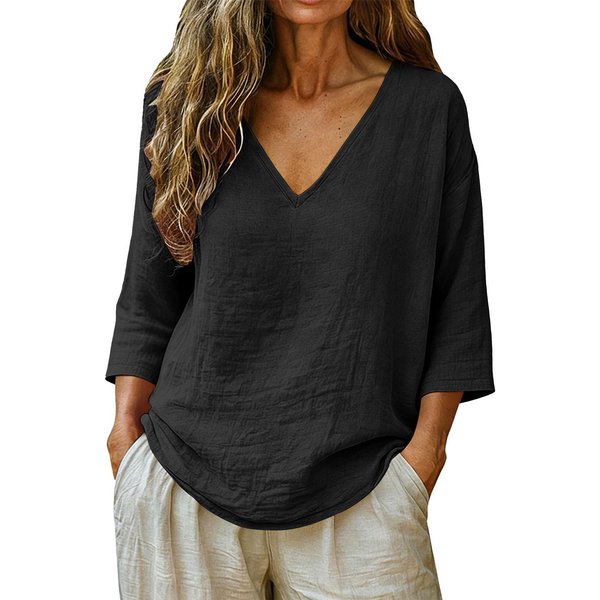 Top De AlgodóN Slub Para Mujer, Nuevo, Primavera-Verano, Manga 3/4, Cuello En V, Holgado, Moda Casual, Blusa M-image