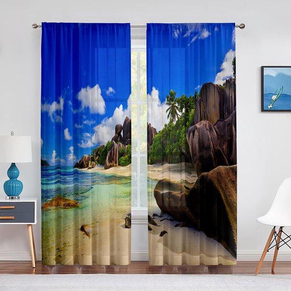 Cortina Voile Transparente EscéNica Isla Tropical OceáNica Playa Palmera Ventana Tul Cortinas Drapeados DecoracióN Para Dormitorio Sala De Estar 1 PCS W100Xh250Cm&Grommet Top-image