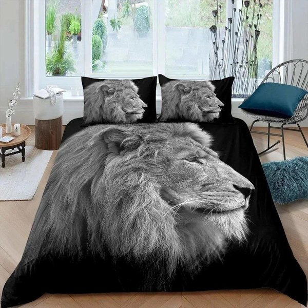 Funda NóRdica LeóN Negro Animal Con Ropa De Cama Funda De Almohada ColeccióN De Ropa De Cama De 3 Piezas Individual Doble King Queen TamañO Completo 1 Colcha 2 Fundas De Almohada EU Single 135X200Cm-image