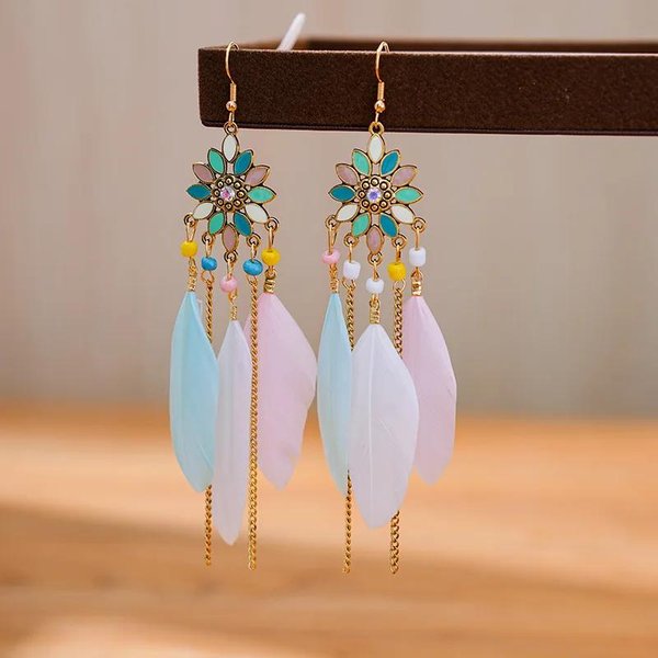 Kolczyki PióRa Boho Etniczne Kolorowe Dla Kobiet Bohema ŁAńCuszek FręDzle WisząCe Kolczyki Dla DziewcząT Elegancka BiżUteria Imprezowa Gray-image