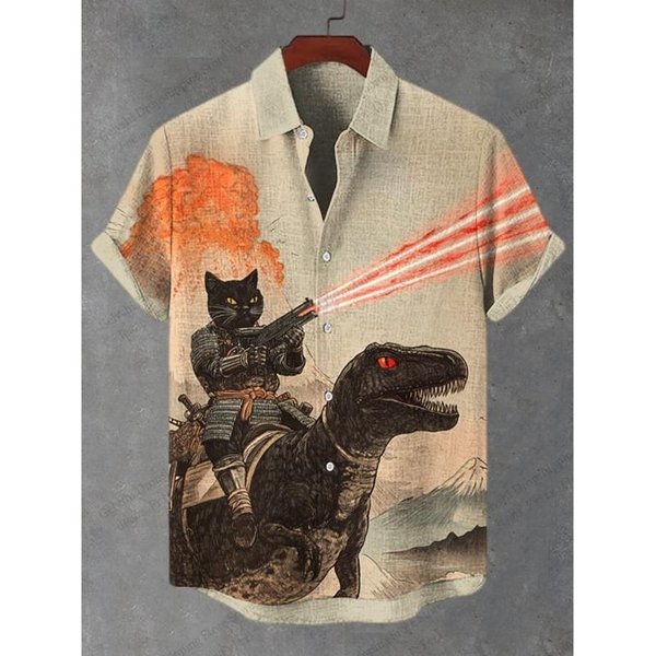 Camisa Hawaiana De Verano Para Hombre, Estilo Vintage, CaligrafíA, Gato, Dinosaurio, Estampado 3D, Manga Corta, Camisas Casuales Para La Playa 3XL-image