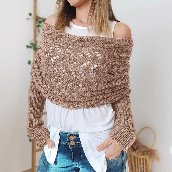 Opleciony Design Wrap Z RęKawami Jednolity Kolor Pusty Splot SzydełKowy Szal Szalik Damski Styl Bohemian Sweter Szalik-image