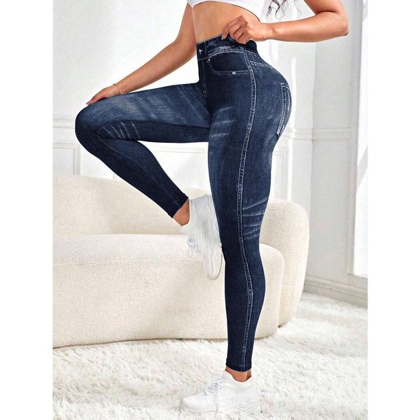 Damskie Sportowe Legginsy Do Jogi Faux Jeans Denim Skinny Dopasowane Bezszwowe Fitness PodnosząCe PośLadki Spodnie Outdoor M Black-image