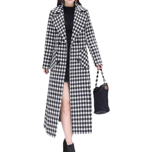 Nuevo Abrigo De Lana A Cuadros Para Mujer, Abrigo De Lana A Cuadros De Pata De Gallo De Corte Ajustado Y Largo Medio 3XL Gray-image