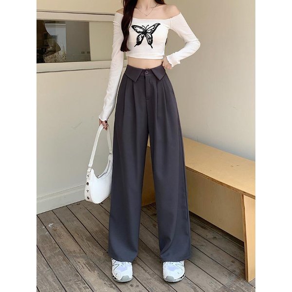 Traje Pantalones Casuales De Pierna Ancha Ropa De Mujer OtoñO E Invierno PequeñOs De Cintura Alta Y Delgados Pantalones Sueltos Rectos 4XL Gris-image