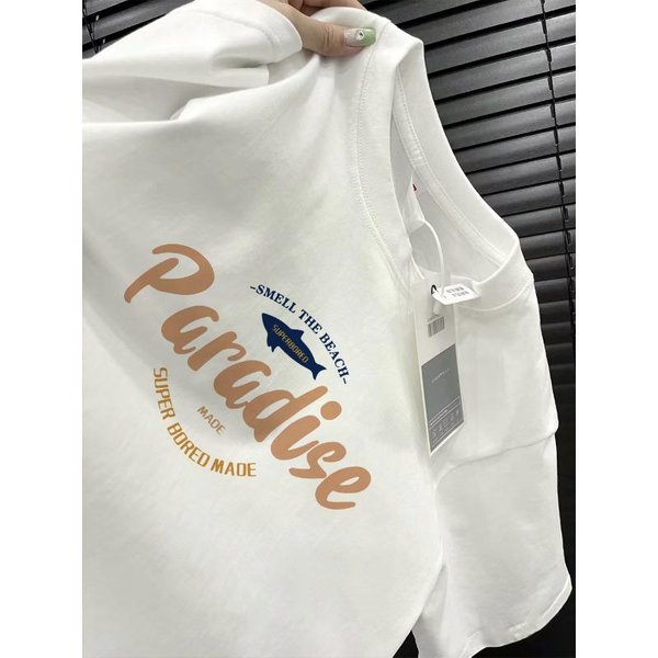 Camiseta De Verano De AlgodóN Puro Holgada De Cuello Redondo Manga Corta Moda Masculina Estampado De Letras Manga Media Top BáSico Xxxl Gray-image