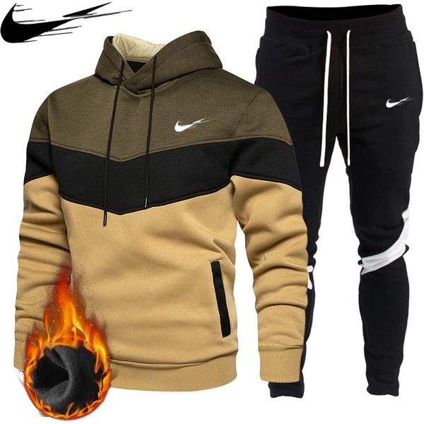 ŻółTy Jesień Zima Bluza Z Kapturem Bluza Spodnie Zestaw MęSki Sportowy Zestaw Sportowy 2-CzęśCiowy MęSki Zestaw Bluzy Do Biegania 3XL Kolor Zielono-Szary Wojskowy-image
