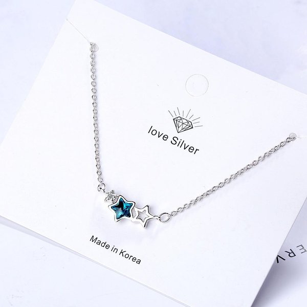 Collar De Estrella De Cristal Artificial Azul Dulce De Plata De Ley 925 Collar De Circonita CúBica Para Mujeres Cadena Clavicular S-N78 White-image