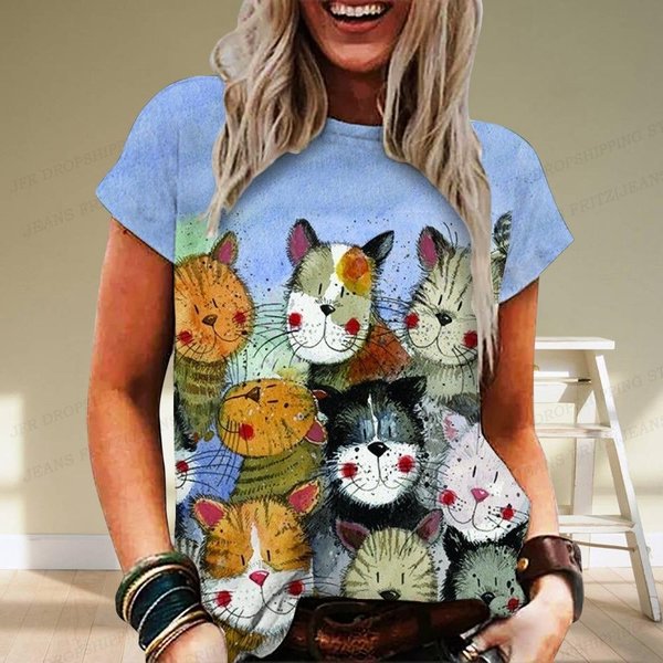 Zwierzę Pies Nadruk 3D T-Shirt Kobiety Moda Oversize T-Shirty KróTki RęKaw Top Koszulki Anime Kawaii T-Shirt Odzież DziecięCa Kot S Gray-image