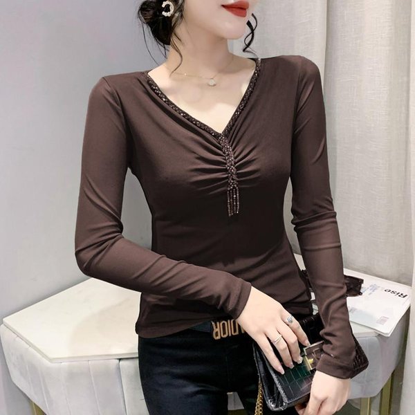 Camiseta Sexy De Manga Larga Con Cuello En V Para Mujer Con Cuentas Top Plus Terciopelo OtoñO E Invierno VersáTil Camisa Base De Malla 4XL-image