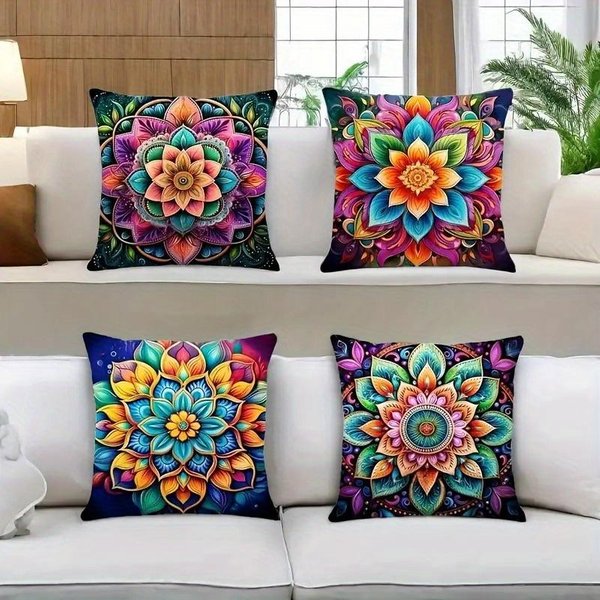 4 Piezas Mandala Bohemio Impreso A Doble Cara Funda De CojíN Felpa Corta Adecuado Para Salas De Estar Dormitorios SofáS CojíN Decorativo 50X50Cm-image