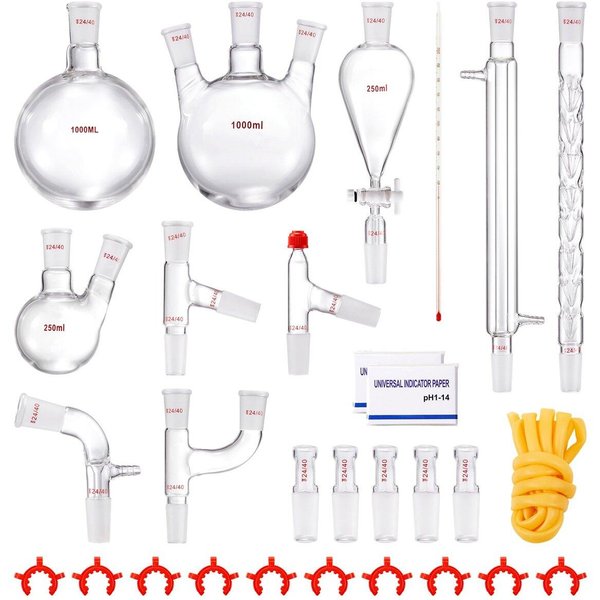 Kit De DestilacióN De Laboratorio, Kit De DestilacióN De Vidrio De Laboratorio Boro 3.3 Con Junta 24, 40, Kit De Aparato De DestilacióN De Aceites Esenciales De 1000Ml, Juego De 29 Piezas De-image