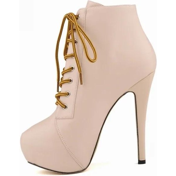 Damskie Botki Na Koturnie Jesień Zima OkrąGłY Nosek Pole Dance Seksowne Wysokie Obcasy CzółEnka Moda Zamek Sznurowane Damskie Buty DużY Rozmiar 38 Beige-image