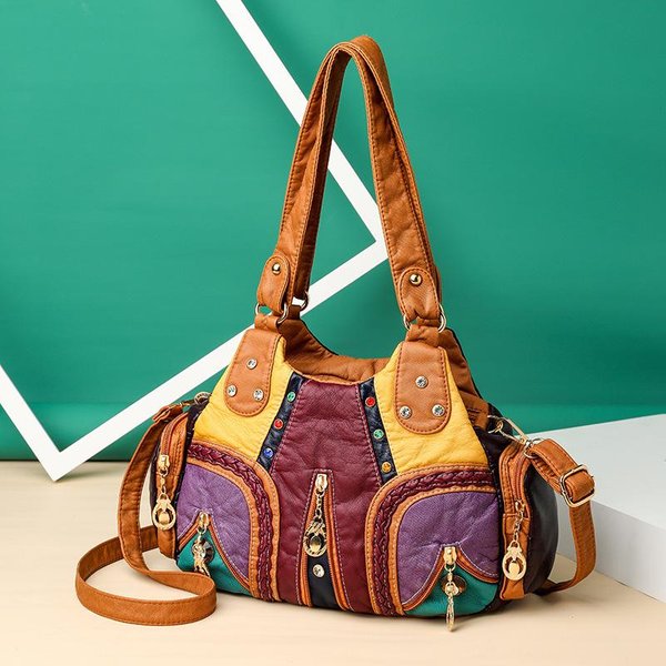 Damska SkóRa WegańSka Wielokolorowa Torba Na Ramię Prawdziwej SkóRy Patchwork Kolorowe Torby Typu Crossbody Torebka O DużEj PojemnośCi Z Wieloma Kieszeniami Brown-image