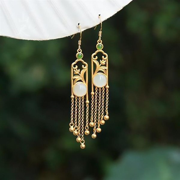 Nuevo DiseñO Natural Hetian Jade Blanco Redondo Magnolia Flecos Pendientes Largos Marca De JoyeríA Retro Brillante Para Mujer-image