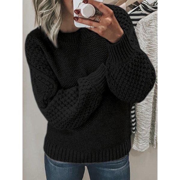 SuéTer De Punto Texturizado De Cuello Redondo Para Mujer, Jersey De Manga Larga, Color Liso, Casual, Ajuste CeñIdo, Jersey De OtoñO E Invierno S Negro-image