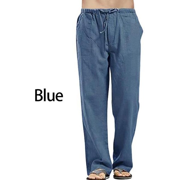 Ropa De Calle De OtoñO Para Hombre, Pantalones Con Cintura EláStica, Pantalones Sueltos, Pantalones Rectos De Fiesta, Pantalones De Lino De Talla Grande M Azul-image