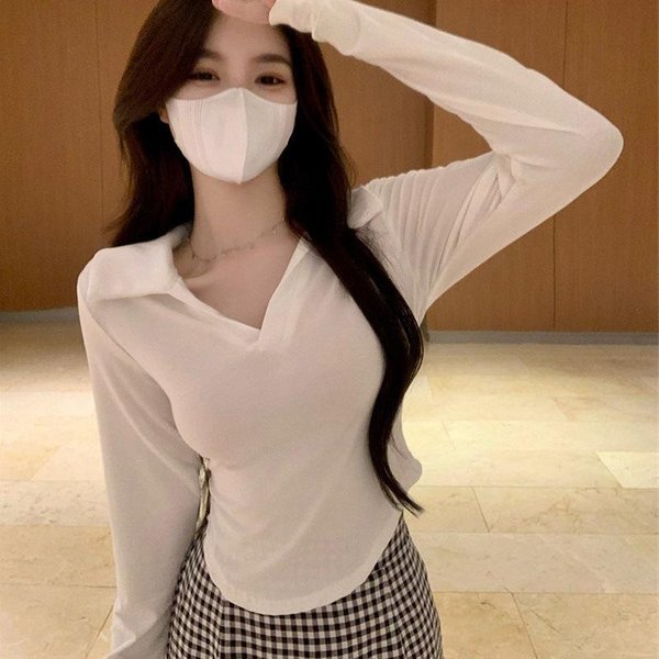 Camiseta De Manga Larga De Primavera Y Verano Para Mujer, Camiseta BáSica Ajustada, Solapa, Camiseta Interior, Top Corto Ajustado E Irregular XL Blanco-image