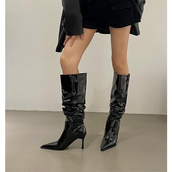 Buty Damskie Buty Damskie Za Kolano Eleganckie Nowoczesne Buty Damskie Plisowane Szpiczaste Noski Wsuwane Cienkie Wysokie Obcasy Buty Damskie 39-image