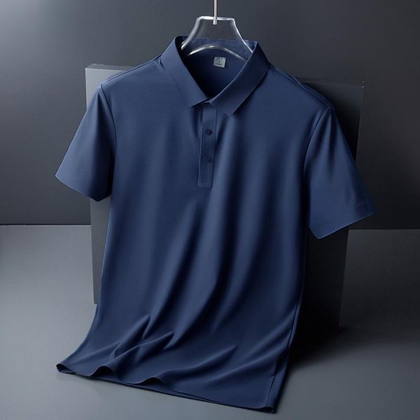 Camiseta Polo De Verano Para Hombre De Seda Helada Sin Costuras - Alta Elasticidad, Sin Planchar, Manga Corta Con Cuello 3XL (165-180 Lbs) Azul Oscuro-image