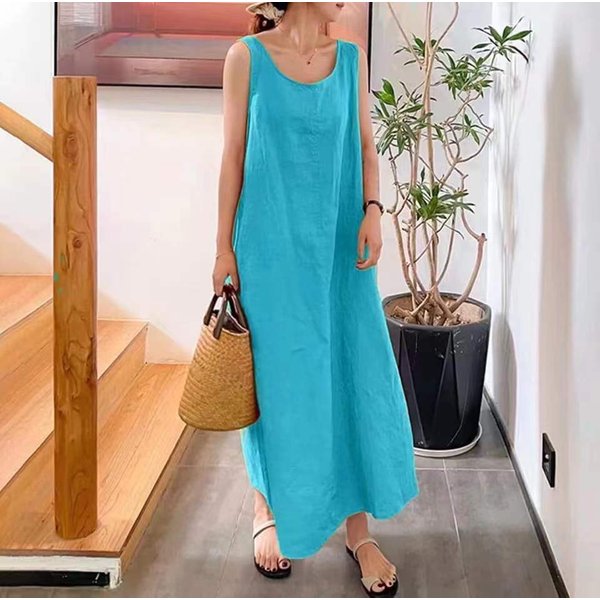 Vestido Largo De Lino Y AlgodóN Con Tirantes Y Tirantes De Verano, Vestidos Sin Mangas Con Cuello Redondo Y Bolsillos Sueltos Para Mujer 5XL Azul-image