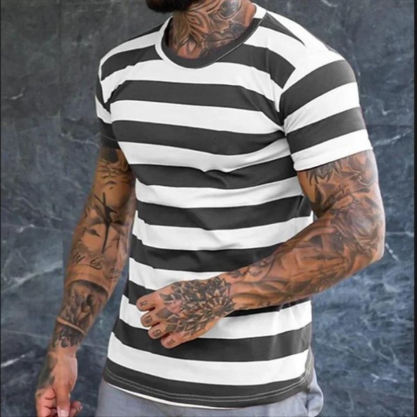 Camiseta GráFica De Rayas Para Hombre Color Block Camisetas Estampadas En 3D Verano Casual Cuello Redondo Tops Sueltos Deportiva Manga Corta Camisetas Urbanas XL Black-image