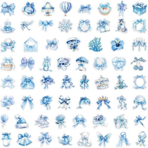 Paquete De 60 Pegatinas Coquetas Azules Impermeables Transparentes PET Suministros De Flores Para Diarios Y DecoracióN De Guitarra CalcomaníAs Tienda Animeworlds White-image
