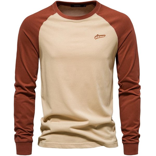 Camisetas De Hombre 100% AlgodóN Manga Larga Cuello Redondo Patchwork Casual Camisetas Para Hombre XXL Caqui-image