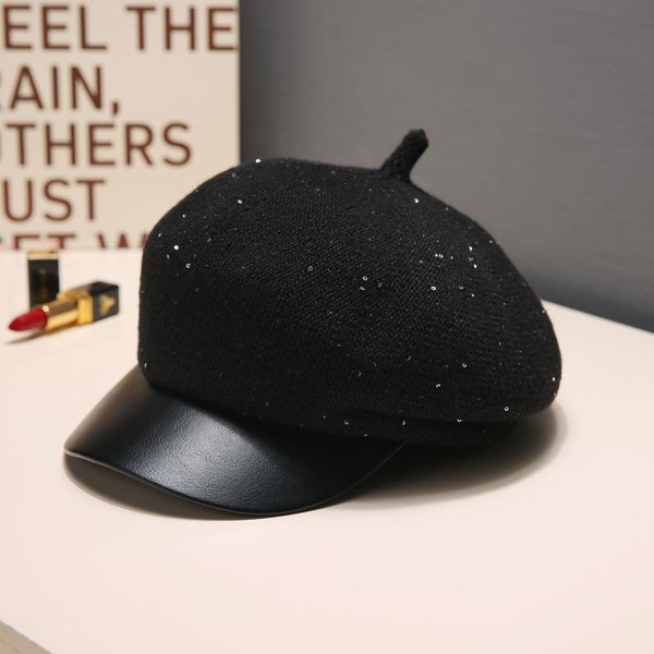 Boina De Lentejuelas Estilo PequeñA Fragancia VersáTil Coreana OtoñO E Invierno Retro BritáNico CáLido Sombrero Octogonal Sombrero Casual Para Exteriores Mujer One Size Black-image