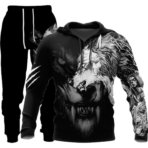 Wilk 3D Bluza Z Kapturem Z Nadrukiem Odzież Garnitur Spodnie Garnitur MęSki Wiosenny I Jesienny LuźNa Bluza Pulower Dres MęSki Zestaw Moda MęSka 4XL Gray-image
