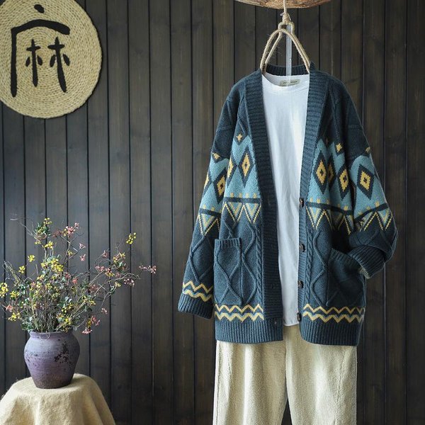 SuéTer De Jacquard Vintage A Cuadros Para Mujer, Chaqueta De Punto Holgada Y CáLida, Prenda Exterior L Verde Oscuro-image