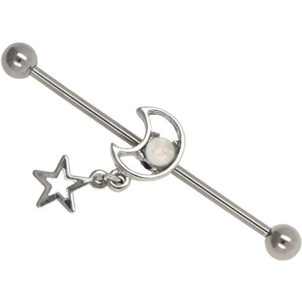 Jhjt 14G 1.6Mm Barra Industrial Luna Piercing Acero Inoxidable Estrella Barra Industrial Piercing Pendiente CartíLago JoyeríA Corporal Blanco-image