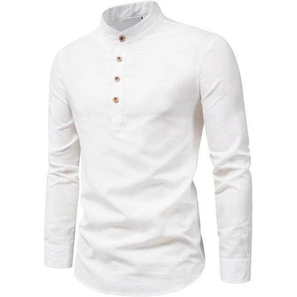 Camisa De Hombre De Color SóLido Con Cuello Mao Y Manga Larga, Corte Slim Fit Casual Y A La Moda De AlgodóN Manga Larga Henry 5XL Bronceado-image
