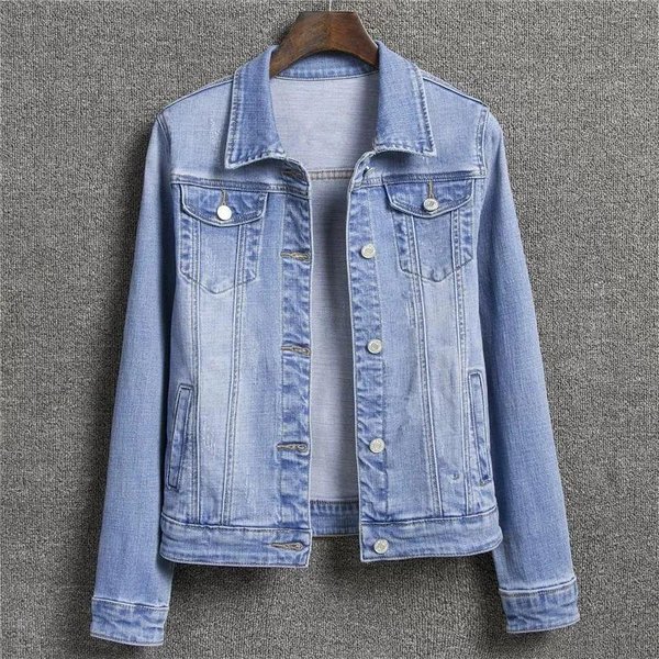 Chaqueta Vaquera Para Mujer, Talla Grande 5XL, Chaqueta Vaquera BáSica, Abrigos, Manga Larga, DesteñIda, Con Un Solo Pecho Para Mujer XXL Azul-image
