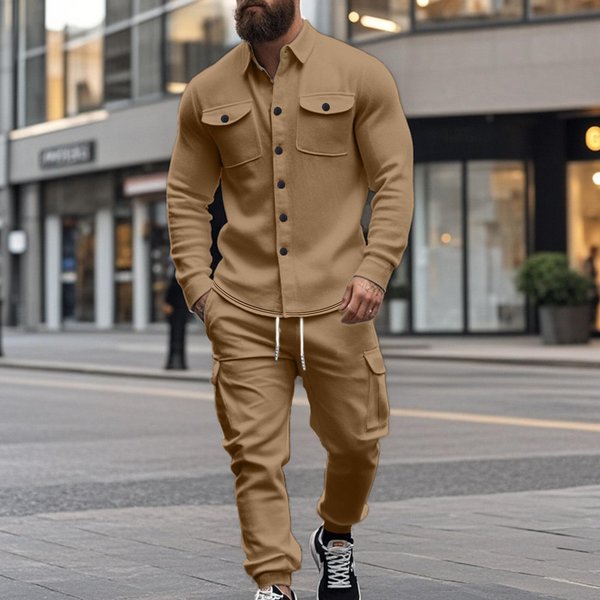 Conjunto De CháNdal Casual Para Hombre Con Sudadera Con Capucha Con Cremallera Y PantalóN Jogger Cargo En Caqui, Negro, Rojo, Gris Claro, Gris Oscuro XL Brown-image