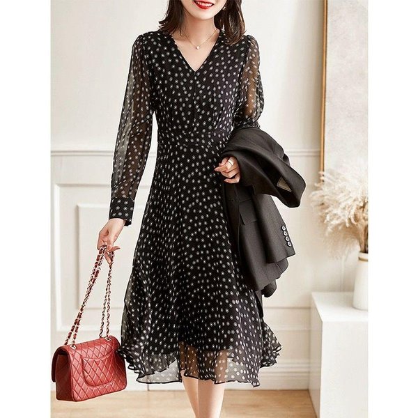 Vestido De Manga Larga Con Estampado De Lunares Y Cuello En V Para Primavera Verano, Cintura Marcada, Elegante, Moda, Vestido De Cintura Para Mujer, Delgado, Informal, Vestido Midi XL Negro-image