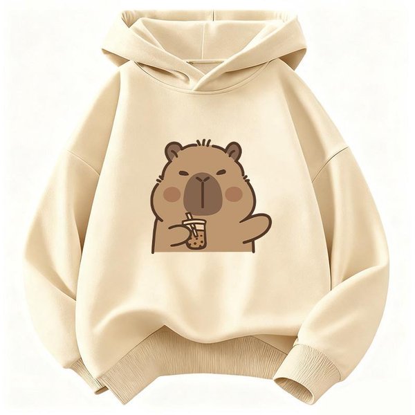 Urocza Bluza DziecięCa Modna Kawaii Kapibara Bluza DziecięCa Urocza Bluza Z Kapturem Harajuku Dla ChłOpcóW DziewcząT Jesień Zima Casualowe Bluzy 160 Beige-image