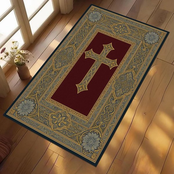 Czarno-ZłOty Ozdobny Krzyż, Drukowany Dywanik, ChrześCijańSki Religijny, Kwiatowa Bordiura, Mata PodłOgowa Do KośCiołA, WystróJ Domu 40X60CM-image
