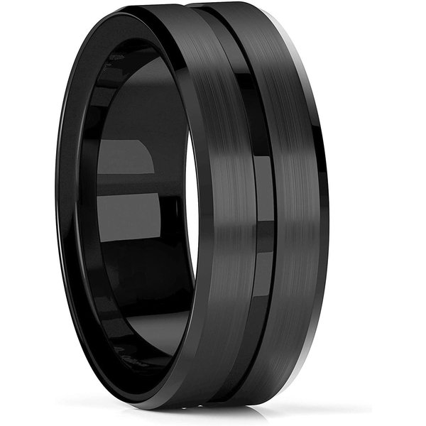 Moda 8Mm Hombres Negro Cepillado Anillos De Acero Inoxidable Color Oro Rosa LíNea Ranura Biselado Borde Hombres Anillos JoyeríA De Boda 10 Black-image