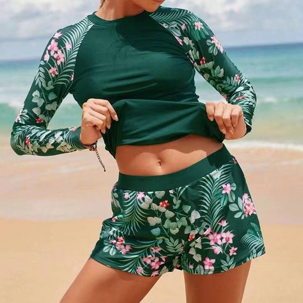 Damski StróJ KąPielowy Z DłUgim RęKawem StróJ KąPielowy Sportowy Surfingowy Zestaw Tankini Odzież PlażOwa DwuczęśCiowy StróJ KąPielowy Basenowy Damski StróJ Do PłYwania XL Zielony-image