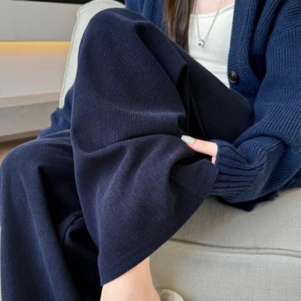 Pantalones De Pierna Ancha Para Mujer En OtoñO E Invierno, Nuevos, De Cintura Alta, Drapeados, Casuales, VersióN Estrecha, De Punto, AlgodóN Y Lana Europeos, De Pierna Recta, Hasta El Suelo XL Black-image