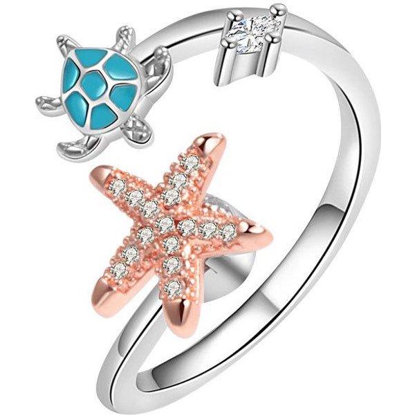 Anillo Giratorio Ajustable Lindo De Tortuga Y Estrella De Mar Para Mujer Anti-EstréS Ansiedad Libre-Girar Anillo De Boda EstéTico Bague Femme Resizable-image