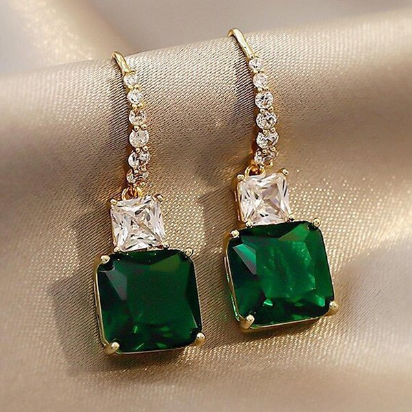Pendientes Colgantes Huitan Dorados Para Mujer Con Circonita CúBica Verde Cuadrada, JoyeríA Llamativa Para Mujer. Brown-image
