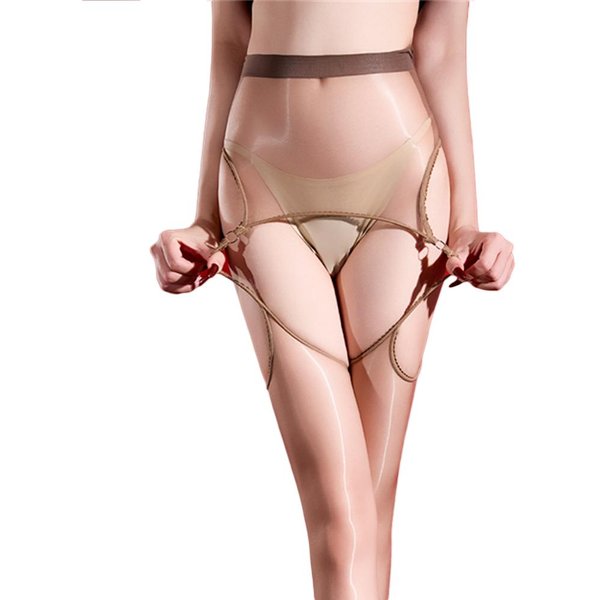 Medias sexy Para Mujer 3D Finas Con Abertura En La Entrepierna Transparentes Transparentes Brillantes Con Brillo Rayas Medias De Sirvienta Caladas M Beige-image